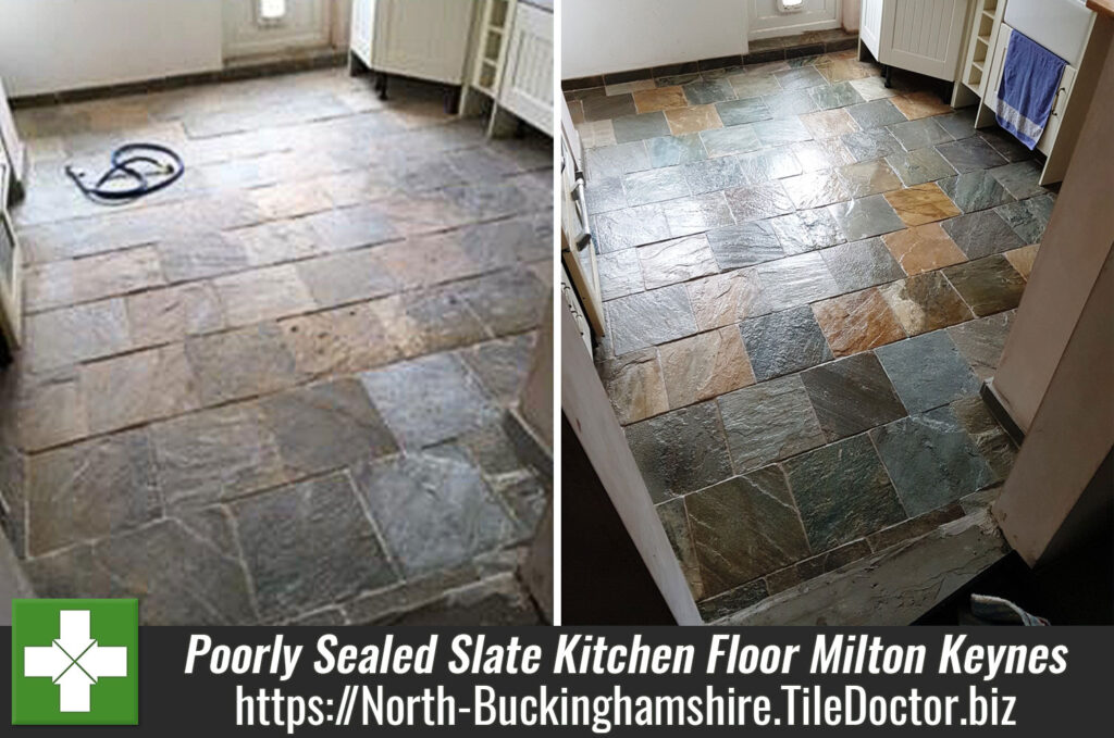 Restoring a Poorly Sealed Slate Kitchen Tiled Floor in Milton Keynes