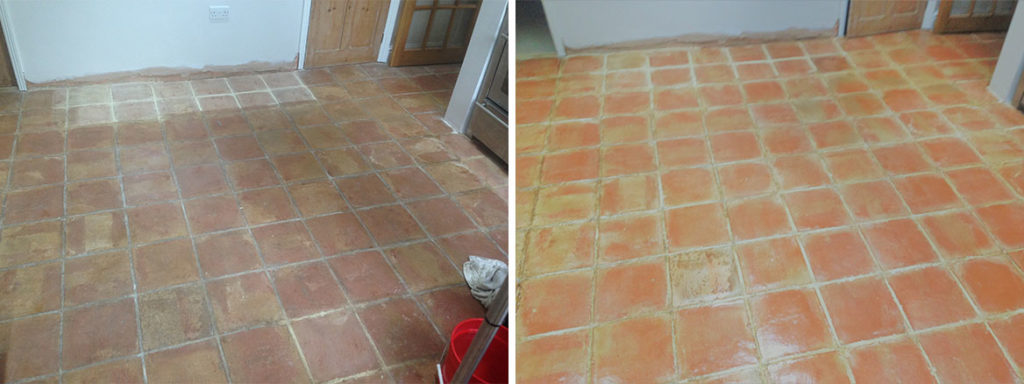 Old Terracotta Floor Before and After Cleaning in Shenley Brook End